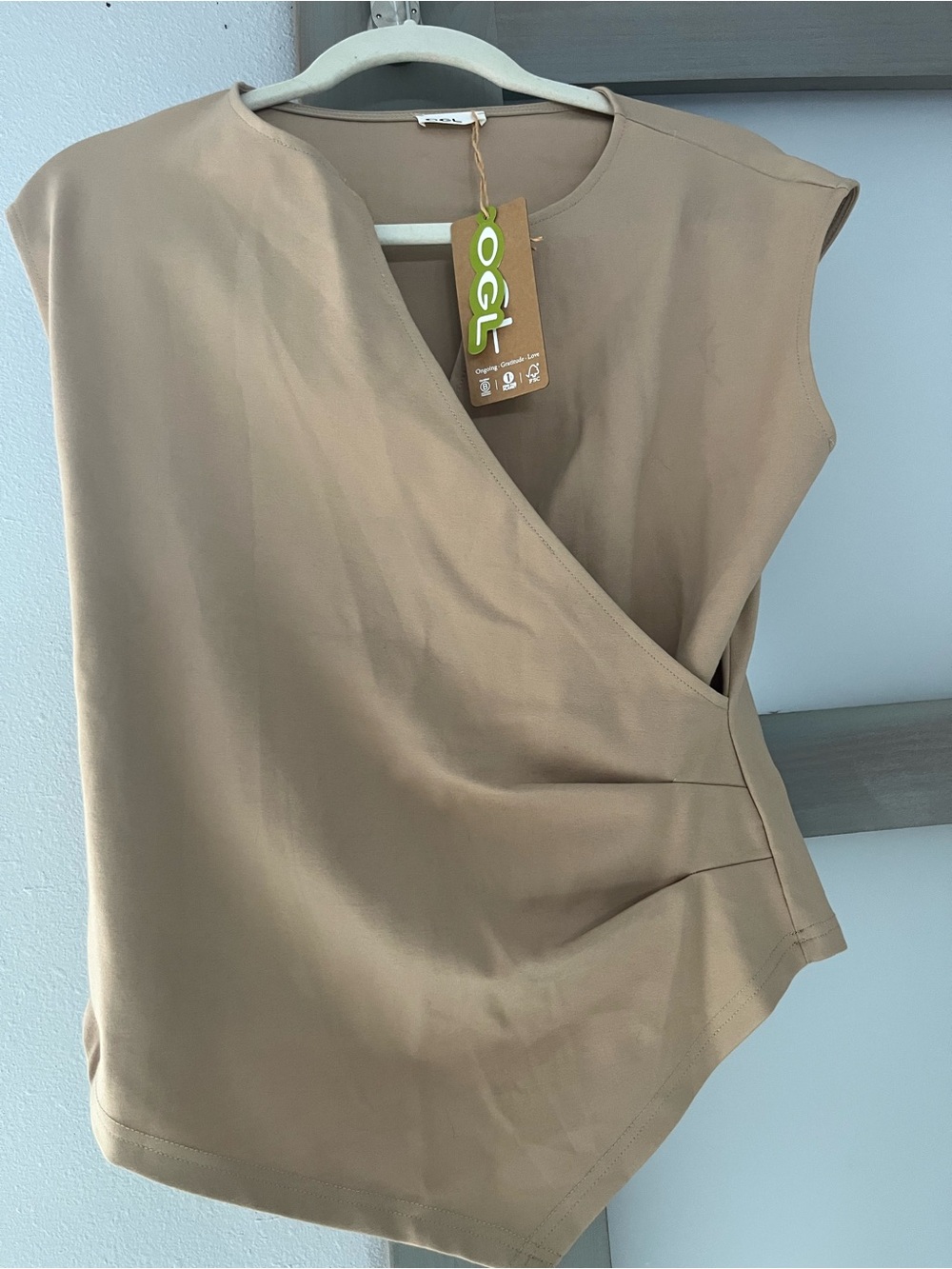 OGL Move Surplice Wide Shoulder Tucked Angled Tank Top Large - Khaki Brown